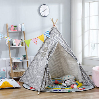 Kids teepee play tent in gray chevron, open doorway and padded play mat