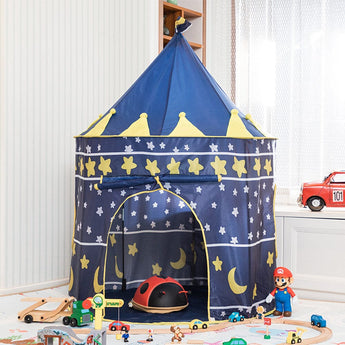 Kids round playhouse tent with star & moon print, blue with yellow trim and doorway