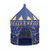 Blue star-and-moon kids play tent, peaked top, front mesh window/door