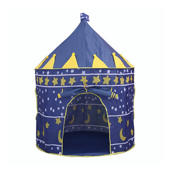 Blue star-and-moon kids play tent, peaked top, front mesh window/door