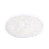 White oval plush tree skirt pad with gathered edge and small loop detail