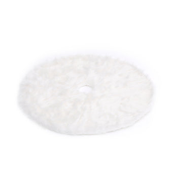White oval plush tree skirt pad with gathered edge and small loop detail