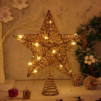 Gold sequin star tree topper with glowing LED lights and spiral support