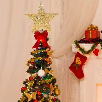 Gold sequin star Christmas tree topper with LED lights and spiral base