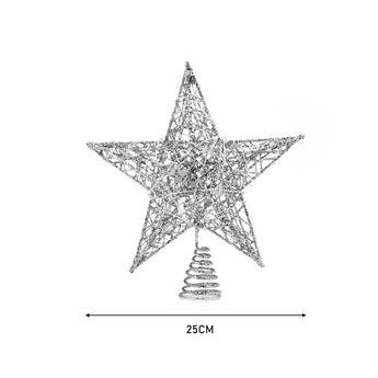 Silver sequin star tree topper with spiral base, 25cm size shown