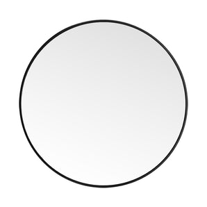 Black round wall mirror with slim frame and reflective glass surface
