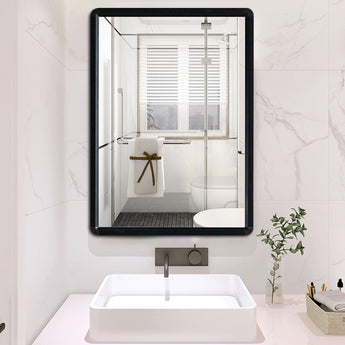 Black rectangular wall mirror with clear reflective glass panel