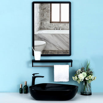 Black rectangular mirror with clear reflective glass, wall-mount style