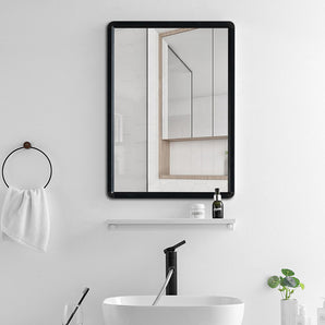 Black-framed rectangular adhesive mirror, clear glass surface