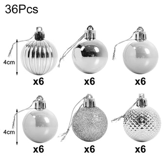 36-piece set of 4 cm silver Christmas ball ornaments, 6 styles x6