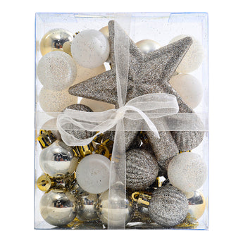 Boxed Christmas ornament set with glitter star topper and mixed silver baubles