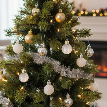 Christmas tree ornament set with mixed gold and silver baubles and hanging hooks