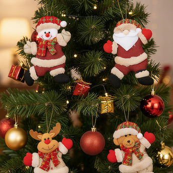 Set of 4 plush Christmas ornaments on a tree: snowman, Santa, reindeer, bear