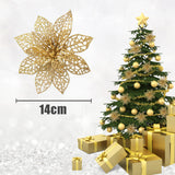Gold sequined artificial poinsettia ornament flower, 14 cm size.