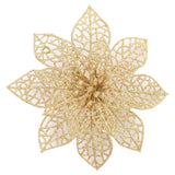 Gold glitter sequined artificial poinsettia ornament flower, multi-petal design.