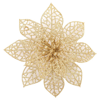 Gold glitter sequined artificial poinsettia ornament flower, multi-petal design.
