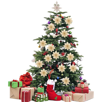 Artificial Christmas tree decorated with cream poinsettia flowers and star topper.