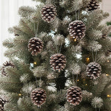 Hanging pine cone ornaments with white-painted tips and dark pine-brown cones