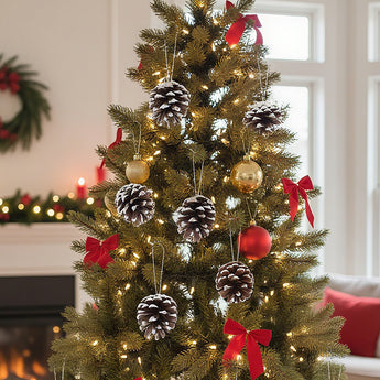 Christmas tree ornament set with dyed real pine cones and white speckled paint
