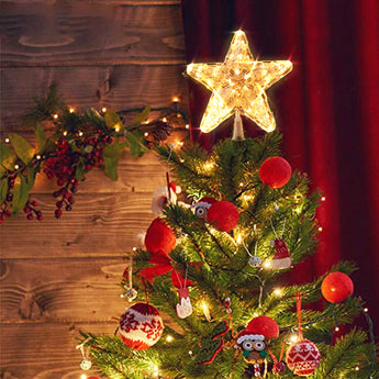 Warm white LED star tree topper with five-point star light effect and cone base