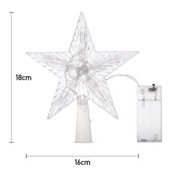 LED star tree topper set, 16cm wide; five-point clear star with cone base and battery