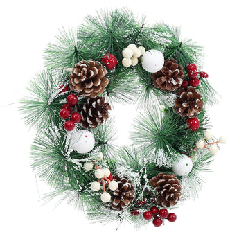 Artificial Christmas wreath, green with pinecones, red berries and white baubles