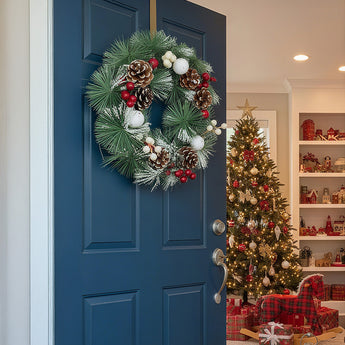 Snow-flocked Christmas wreath with pinecones, red berries and white ornaments on door