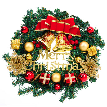 Artificial Christmas wreath with red bow, gold bells and baubles, and gold lace accents