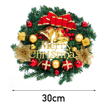 30cm Christmas wreath with green foliage, red bow, gold bells, and red and gold baubles