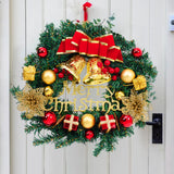 Artificial Christmas wreath with green foliage, red and gold baubles, gold bells, bow