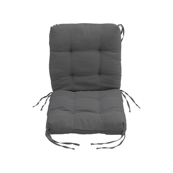 Dark grey deep seat lawn chair cushion with tufted back and seat pad, tie straps
