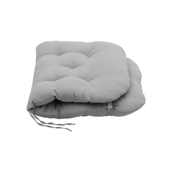 Rocking chair seat pad, light gray tufted cushion with visible tie strings
