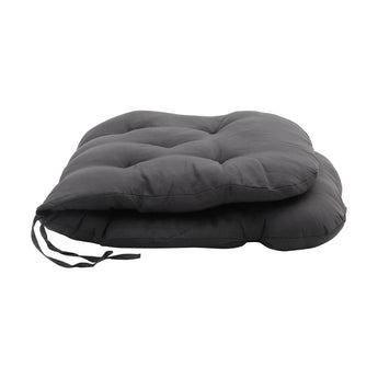 Dark grey tufted seat pad cushion with top pillow edge and tie straps