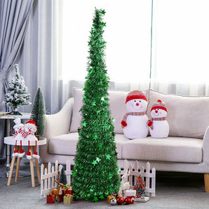 Collapsible pop-up tinsel Christmas tree, green, with base and dense star tinsel