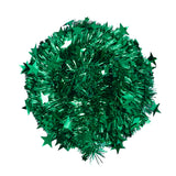 Green tinsel Christmas tree canopy, collapsible pop-up style, close-up of star tips