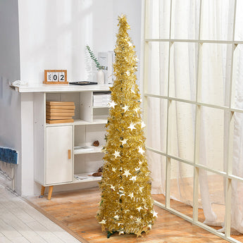 Collapsible pop-up tinsel Christmas tree, gold, with base and sparkling star tinsel