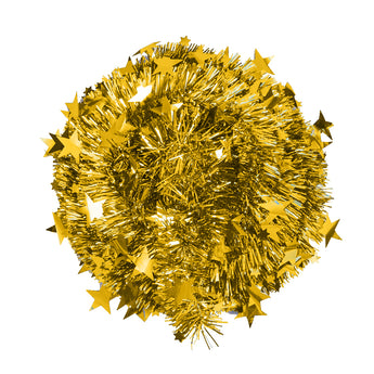 Gold tinsel Christmas tree canopy, collapsible pop-up style, close-up of star tips