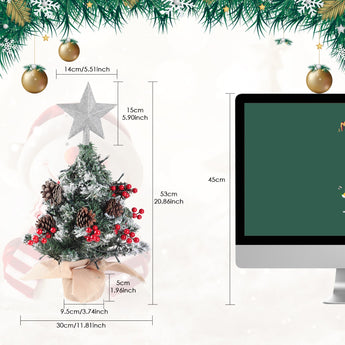 Mini artificial Christmas tree with silver star topper, shown with size dimensions