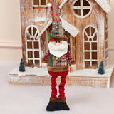 Standing Santa Claus plush doll with white beard, green patterned vest, red pants, black shoes