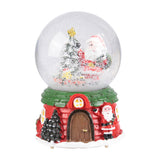 Santa Claus snow globe ornament close-up: red and green house with snowy tree inside glass