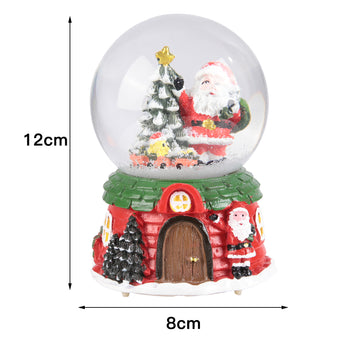 Santa Claus snow globe ornament with red house and tree under glass dome, 8cm x 12cm