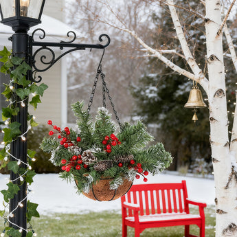 Pre-lit hanging Christmas basket with green pine branches, red berries, frosted pine cones