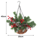 Pre-lit hanging Christmas basket, 25cm wide, green pine, red berries, pine cones