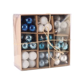 Boxed Christmas ball ornaments set with blue, white, and silver baubles and twine