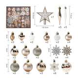 Assorted shatterproof ornament balls and stars in metallic gold, white, and silver