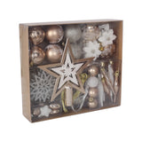 Boxed set of shatterproof Christmas ornament balls in gold, silver, and glittery finishes