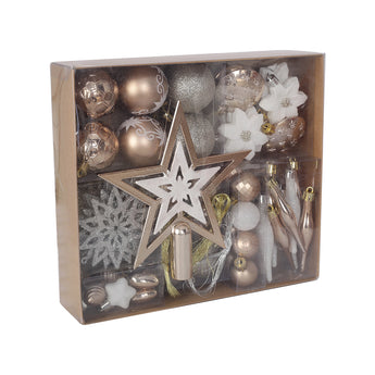 Boxed set of shatterproof Christmas ornament balls in gold, silver, and glittery finishes