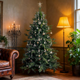 Shatterproof hanging ornament balls on a decorated Christmas tree