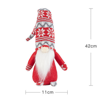Red and grey Christmas gnome plush ornament, long white beard, striped knit hat.