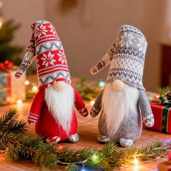 Christmas gnome plush ornament set, one red knit hat with white beard and one grey.